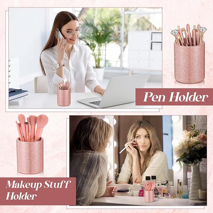 Sabary 8 Pcs Rose Gold Pens with Pen Holder for Desk Glitter Crystal Diamond Cute Ballpoint Fancy Pencil Holder Bling Desk Organizer for Women Girls School Office Supplies Wedding Graduation Gifts