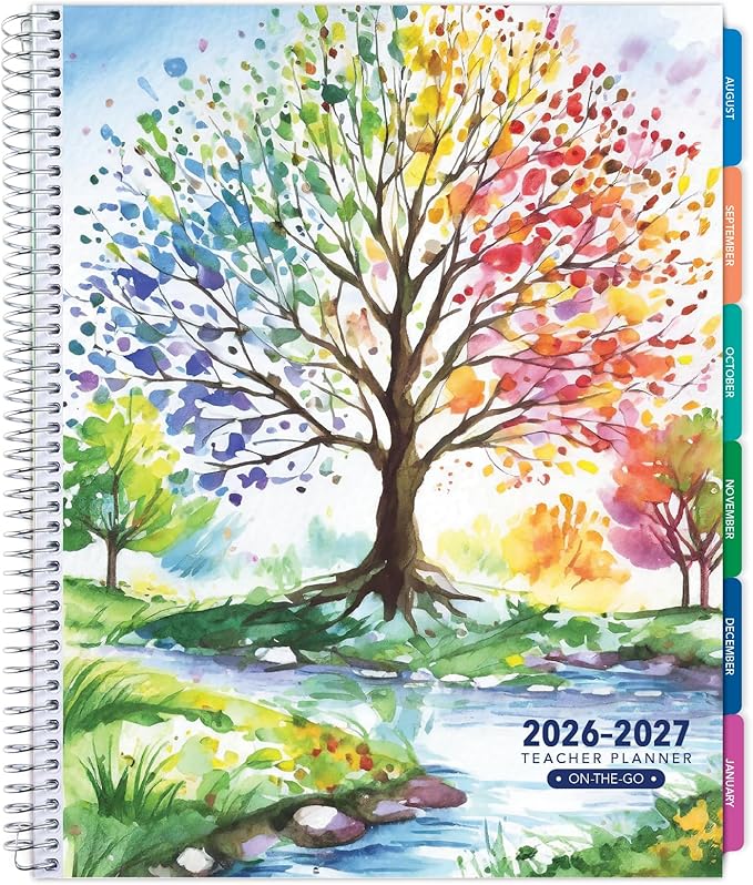 LITE TEACHER PLANNER - Aug 2026-Jul 2027, 8.5" x 11" Daily Weekly Monthly Organizers - Includes 7 Periods, Dated Calendar, Page Tabs, Bookmark, and Planning Stickers (Tree Seasons)