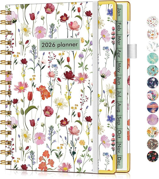 2026 Planner, Hardcover Weekly and Monthly Planner for Women, January 2026 - December 2026, Spiral Yearly Agenda Organizer Book 2026 with Tabs, Daily Calendar Planners for School Work Home, A5 (5.75" x 8.38"), Wildflower Garden