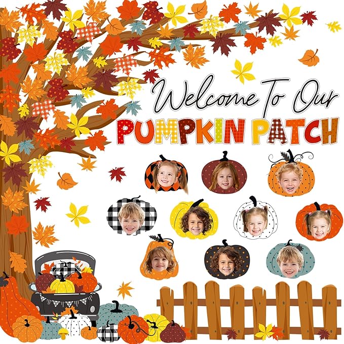 Pasimy Fall Bulletin Board Decorations Set Pumpkin Classroom Door Decor Autumn Maple Cutouts DIY Pumpkin Photo Crafts Thanksgiving Bulletin Board for Halloween Home Office Wall Supplies(Vintage)