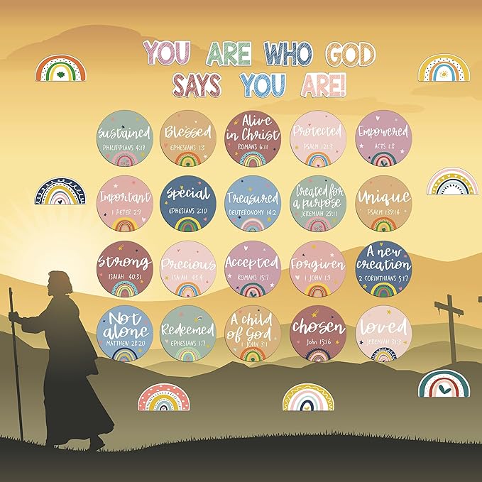 Christian Bulletin Board Decorations - Bible Verses Inspirational Bulletin Board Sets Motivational Cutouts God Says You are Religious Classroom Wall Decor for School Home Church Supplies（Boho Rainbow