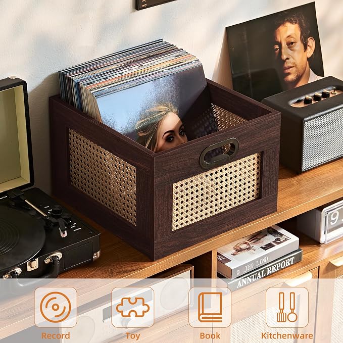 LELELINKY Vinyl Record Storage Crate, Rattan Vinyl Record Holder with Handle, Wood Record Crate for Vinyls Holder up to 75 LP's, Desktop Cube Album Storage for Vinyls Records(Walnut)