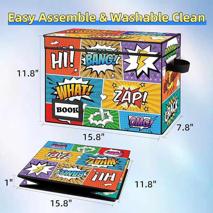 2 Pack Comic Book Storage box, Collection 15.8" X 7.8" X 11.8", Collapsible Holds 160-180 Comic Book Short Box Organizer Container Holder Shelf(Cartoon Colorful)