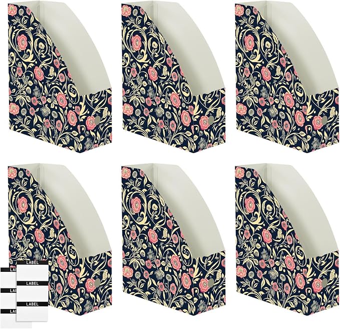 Foldable magazine folders for documents 9x12 inches, desk file organizer 3 Pack storage file boxes for Home School Office, William Morris Style Floral Dark Blue Peach