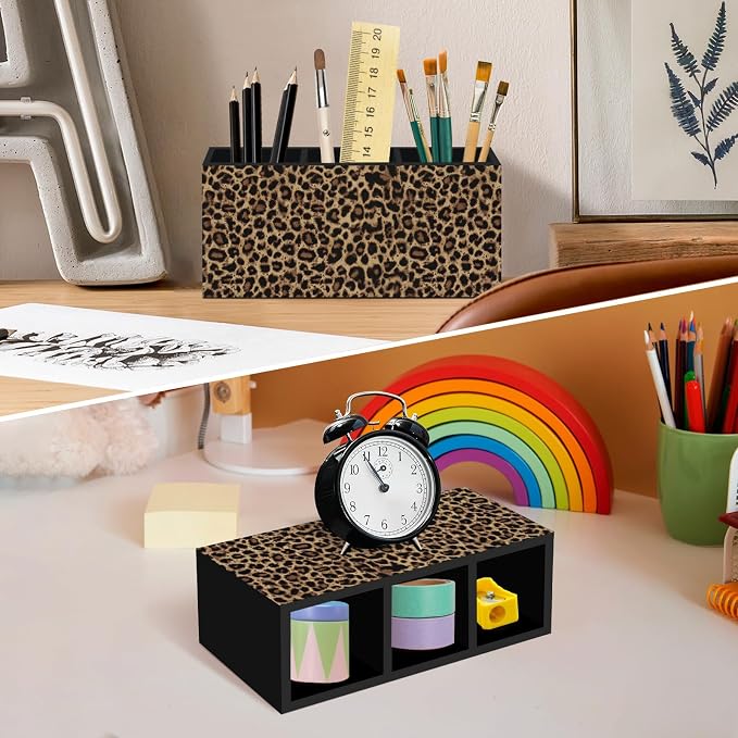 Trendy Retro Leopard Print Pen Pencil Holder for Desk, Funky Cheetah Wooden Box Office Desk Accessories, Leopard Print Pen Holders Organizer for Women, Cheetah Room Decor