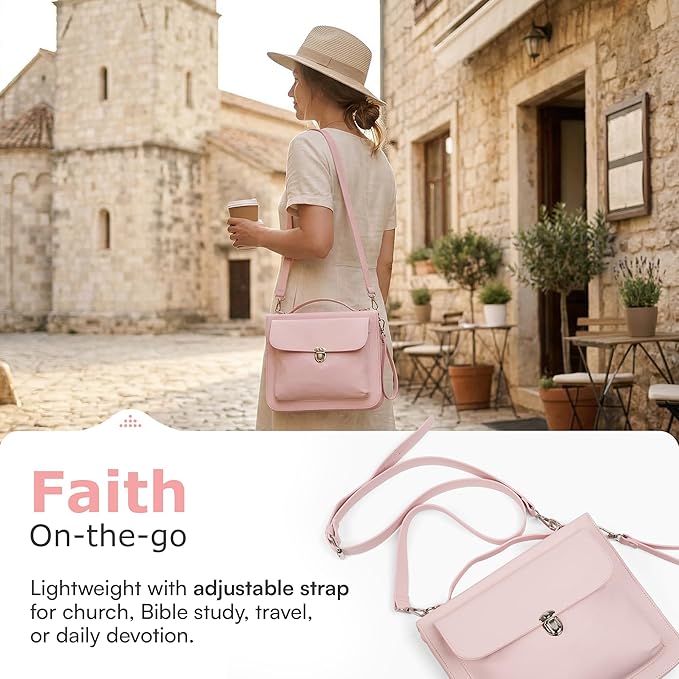 Bible Cover Case for Women - Bible Case with Shoulder Strap, Pink Bible Cover Standard Size Featuring Book Protector with Turn Lock Closure - Durable & Travel Friendly Design that Fits Most Bibles