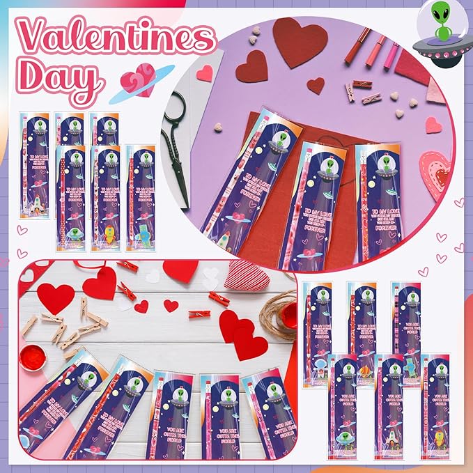 Tinlade 24 Sets Space Theme Valentines Gift Sets Space Theme Pencil Eraser Valentine's Card with You Are Outta This World Heart Pencil Bulks Party Gift for School Office Exchange Party Favors Supplies
