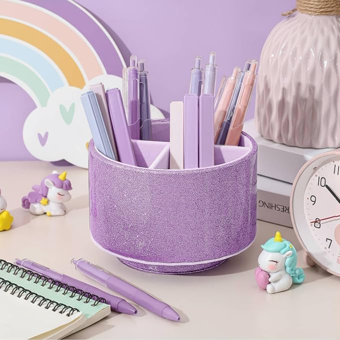 Epakh PU Leather Glitter Pen Holder 360 Degree Spinning Purple Bling Pencil Cup Gift for Teacher Women Girls Makeup Brush Organizer Cup Desk Office Classroom Home Back to School Festival (6 Inch)