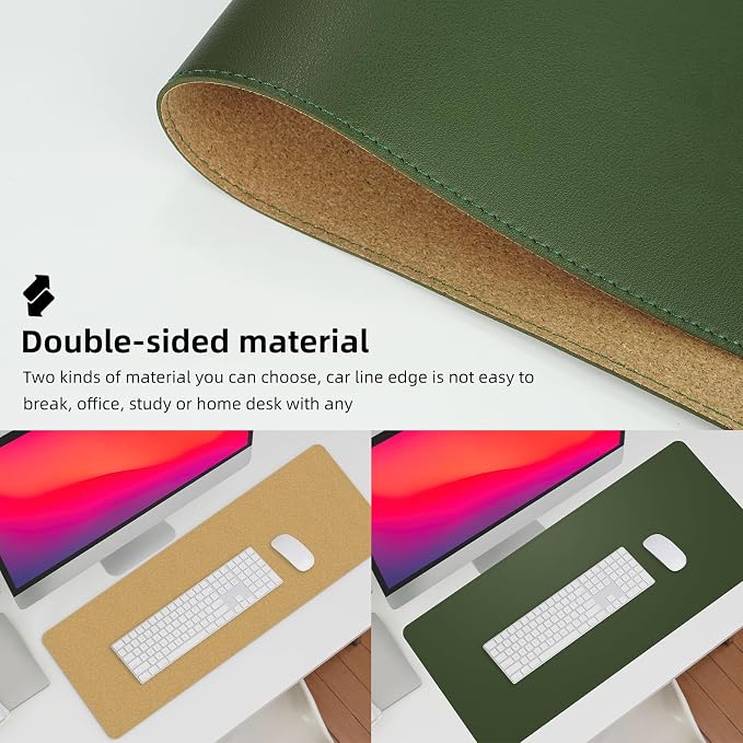 AFIING Leather Desk Pad Protector, Large Desk Mat with Natural Cork & PU Leather, Mouse Pad, Non-Slip, Waterproof Desk Writing Pad for Office and Home, Military Green