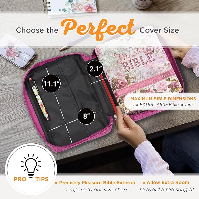 Christian Art Gifts Polyester Bible Cover for Men & Women w/Jesus Fish Patch, Secure Zipper Pocket, Pen Loops, Easy Carry Book Case for Stationery, Accessories, Pink, XL