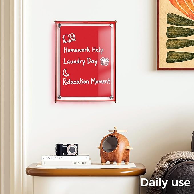 TOWON 9x12'' Ruby Red Acrylic Dry Erase Board & Photo Frame, Acrylic Whiteboard for Wall with Slide-Lock Design for Home Office, Kitchen and Dorm Décor | 4 Dual-Tip Markers and Double-Sided Eraser
