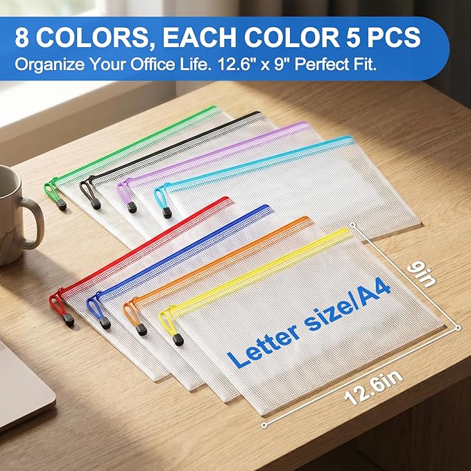 Jumlys 40 Pack Mesh Zipper Pouch Bags, A4 Mesh Bags with Zippers in 8 Color, Waterproof Zip File Folder Pouch for Organization Storage, Letter Size Zippers Bag for Classroom/Home/Office