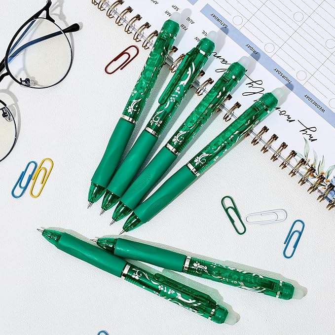 6 Pcs Retractable Erasable Pens, Colored Gel Green Ink Pens Clicker with Erasers, 0.5mm Fine Point Smooth Writing Pen for Journaling Note-Taking Crossword Puzzles Supplies (Green)