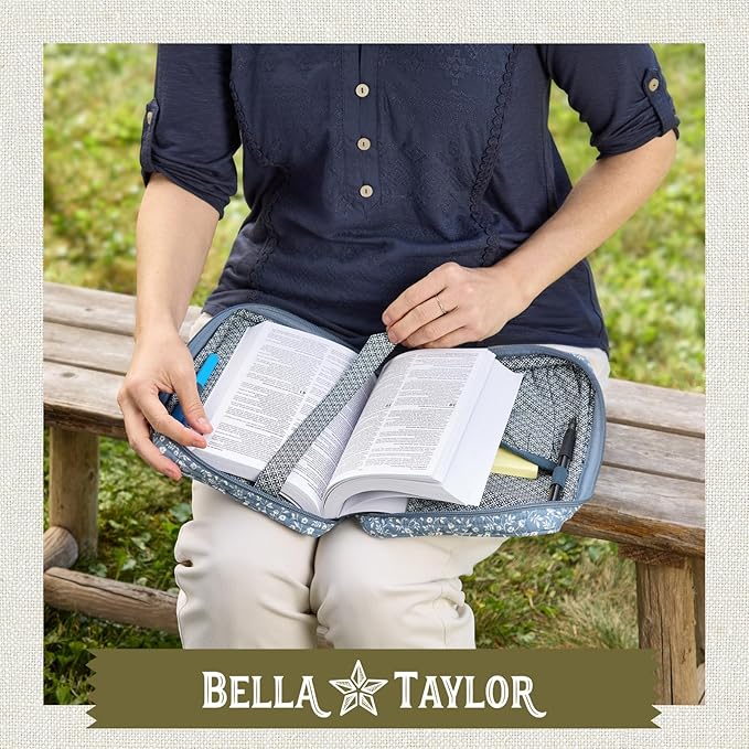 Bella Taylor Small Bible Cover for Women, Quilted Cotton Fabric Bible Case for 6 x 9 inch Bibles, Heritage Blue Floral
