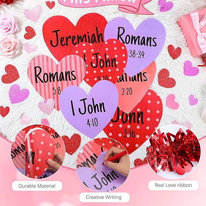 Fuutreo 57 Pcs Easter Christian Bulletin Board Set Religious Jesus Loves Me This I Know Heart Cutouts with Tinsel Twist Garland for Sunday School Classroom Decor