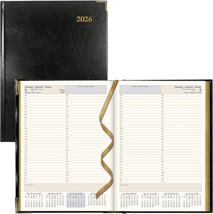 Brownline® 2026 Executive Daily Planner, Appointment Book, 12 Months, January to December, Sewn Binding, 10.75" x 7.75", Black, Trilingual (CBE514-26)