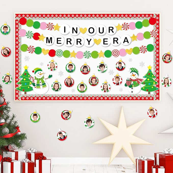 Christmas Era Bulletin Board Set Christmas Ball Friendship Bracelet Classroom Decoration DIY Photo Crafts Xmas Tree Bulletin Board Snowflake Snowman Cutouts for Winter Holiday Chalkboard Wall Decor