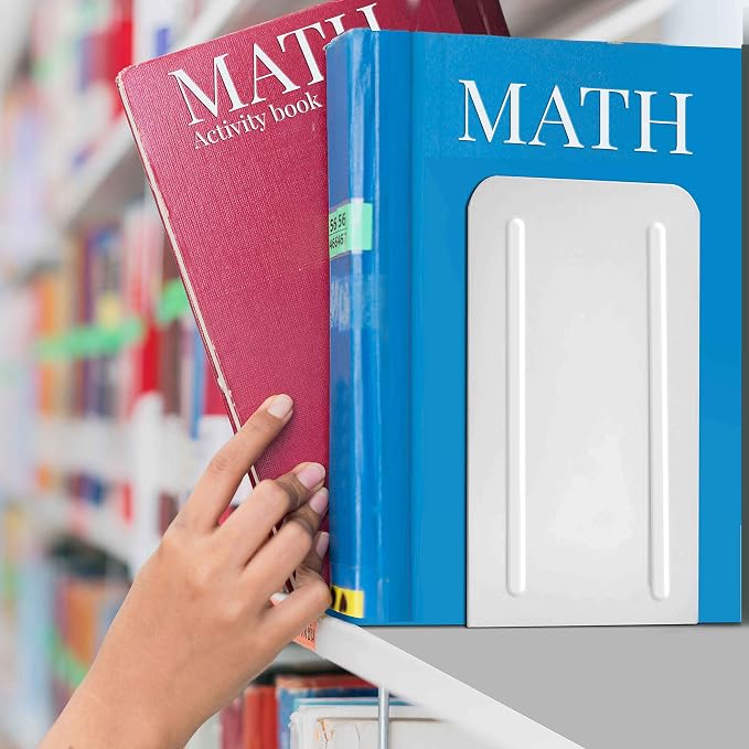 Acrimet Bookends for Shelves, Non-Skid Book Holder, Heavy Duty Book Stopper, Steel Metal Book Ends Storage for Home, Library, 6 7/8" H x 4" W x 4 1/2" D (White) (1 Pair / 2 Pieces)