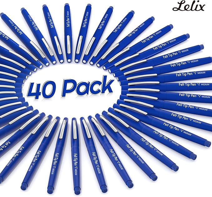 Lelix Felt Tip Pens, 40 Blue Pack, 0.7mm Medium Point, Felt Tip Markers Pens for Journaling, Writing, Note Taking, Planner, Perfect for School Office and Art Supplies