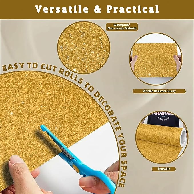 16" × 30ft Gold Yellow Glitter Bulletin Board Roll Sparkle Decorations Bulletin Board Background Non Fading Wallpaper DIY Art Crafts Poster Paper for Home Office Classroom Decoration Wrapping Crafts
