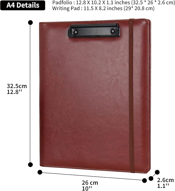 Wonderpool A4 PU Leather Clipboard Partfolio Notepad Forms Holders Document Case - Interview Planner Meeting Writing Padfolio File for Office Travel School Hotel Hospital (A4,Brown)