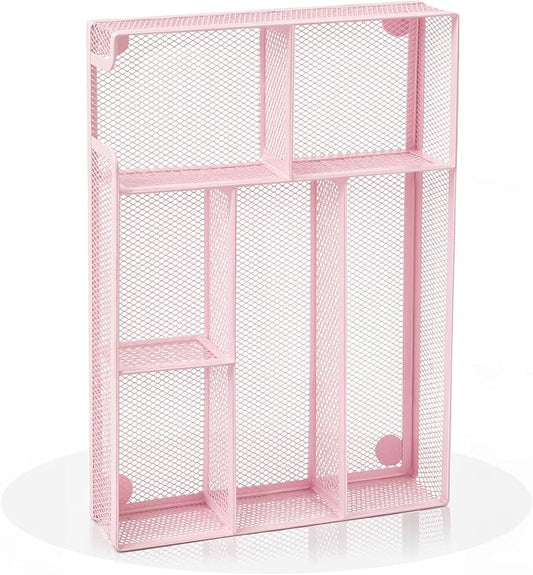 Desk Drawer Organizer, Office Drawer Divider Organizer Tray with 6 Compartments, Metal Mesh Desktop Organization and Accessories for Stationery Makeup Kitchen Toolroom School ＆Office (Large-Pink)