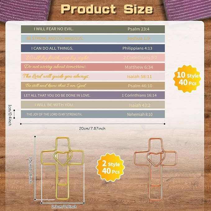 Resurhang 80 Pack Heart Cross Paper Clips with Ribbons 40 Gold, Rose Gold Bible Paper Clips 40 Christian Bookmark Ribbons Bible Study Journaling Supplies Easter Eggs Fillers Women Christian Gifts