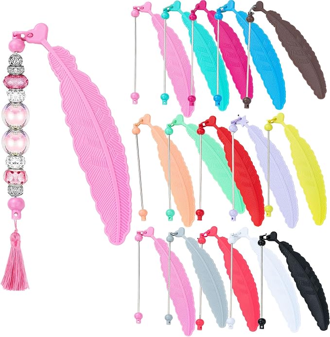 15 Packs Beadable Bookmarks with Bar Bulk Feather DIY Blank Bookmark for Beads Jewelry Pendants Charms Beading Book Make Marks Craft Colorful (14 Colors, 15 Packs)