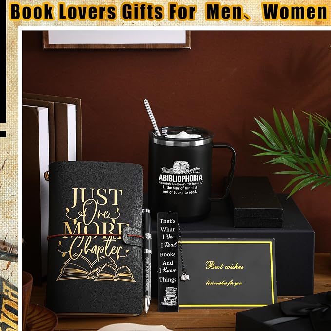 Shellwei 6 Pcs Book Lovers Gifts for Father's Day Men Gifts 17 oz Abibliophobia Coffee Mugs Leather Journal Notebook with Ballpoint Pen Metal Bookmark Greeting Card Box Gift for Librarian Bookish Men