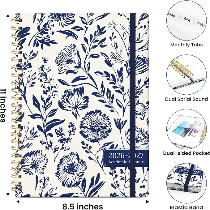 Planner 2026-2027, Monthly and Weekly Calendar Academic Planner July 2026 - June 2027, Hardcover Student Teacher Planning Agenda Book with Tabs, Perfect for Office School Supplies, A4 (8.5" x 11") - Blue Filigree