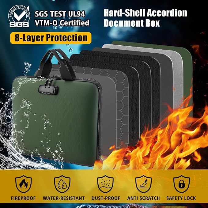 Fireproof Document Box with Combination Lock, Hard-Shell Fireproof File Organizer for Legal Documents, Laptop, Valuables & Important Papers, 13-Pocket Accordion File Folder