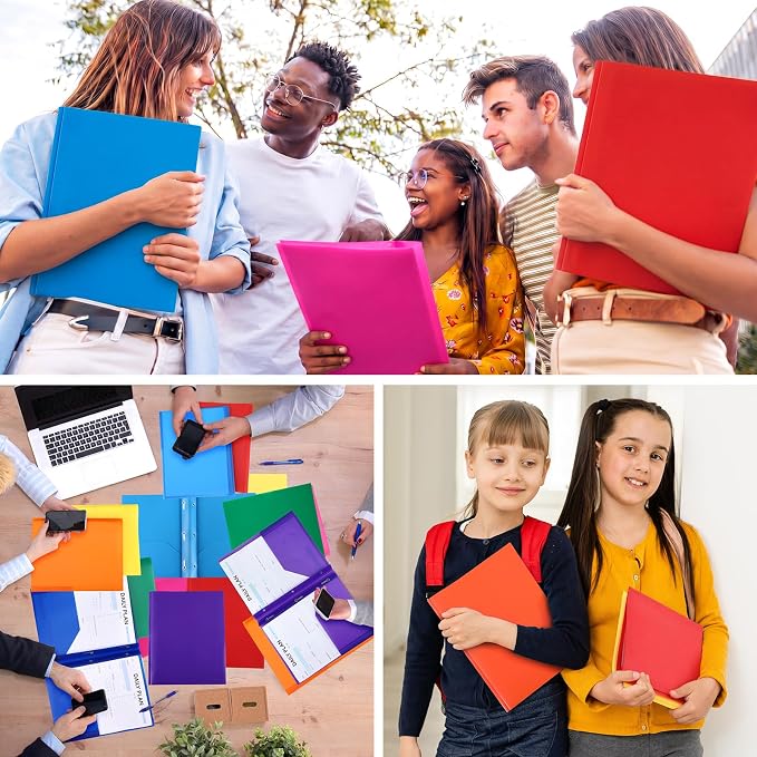 Cholemy 132 Packs Pocket Folders with Prongs Heavy Duty Plastic Folder with Business Card Slot 3 Prong Fasteners for School Office (Cute)