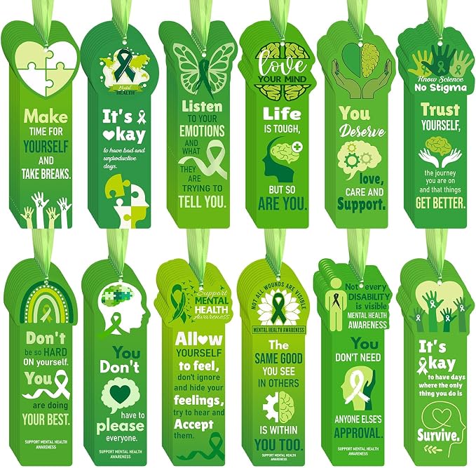 Skyygemm 120 Pcs Mental Health Awareness Bookmarks Green Positive Psychology Affirmation Therapy Inspirational Bookmarks Spiritual Gifts Mental Health Month Event Classroom Stationery Handout Supplies