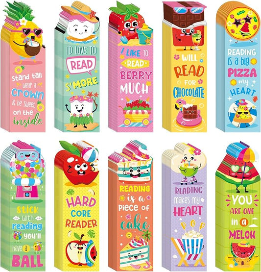 Eersida 90 Pieces Summer Scented Bookmarks Fruit Food Theme Sayings Bookmarks Sayings Assorted Cute Scented Gifts for Learning Reading Rewards Food Lovers, 10 Styles