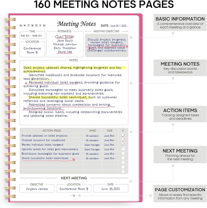 Taja Meeting Notebook for Work Organization - Work Planner Notebook with Action Items, Agenda Planner for Note Taking, 160 Pages (6.9" X 9.9") Project Organizer for Men & Women - Berry Pink