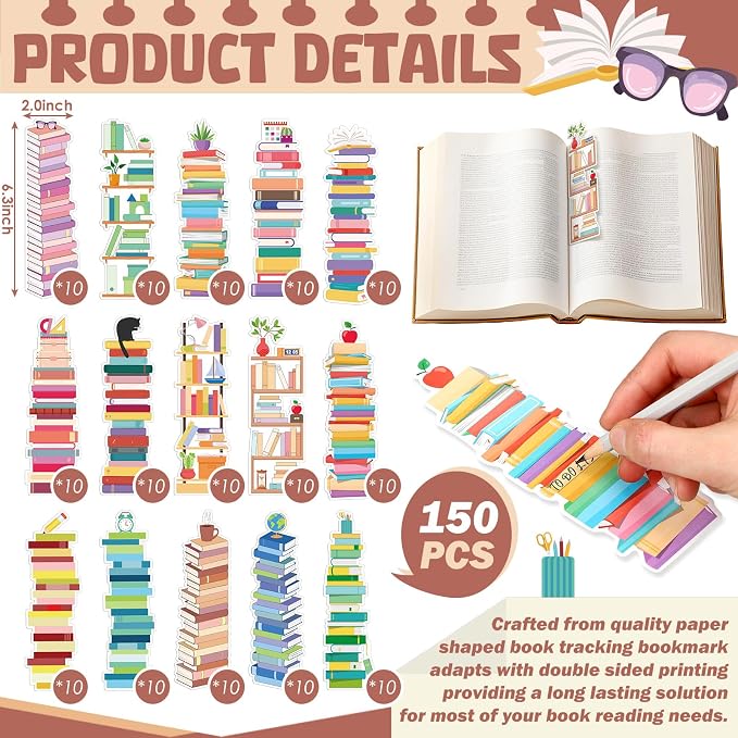 Kolldenn 150 Pcs Book Tracker Bookmarks Bulk 6.3 x 1.97 Inch Bookshelf Love to Read Bookmarks Paper Tracking Double Sided Reading Page Markers for Back to School Reading Lover(Book)
