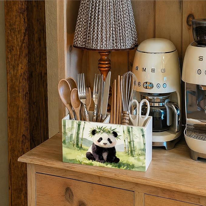 Panda Pen Pencil Holder for Desk Cute Panda Gifts for Women & Kids，Cute Wild Animal Wooden Box Sign Decorations for Kids Room Home Office Desk Tabletop