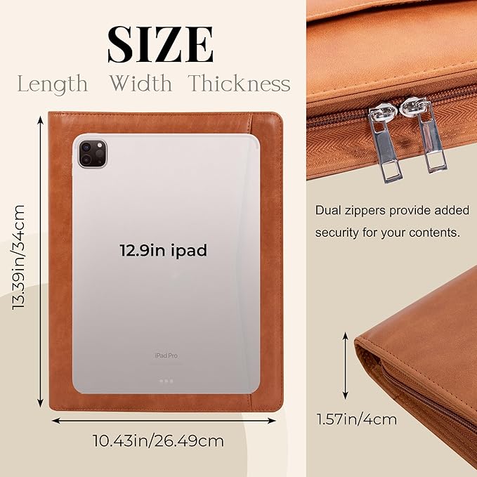 Calfinder Leather Padfolio with Zipper,Portfolio Binder, Padfolio for Women and Men,Business Portfolio for Ipad,Resume,Notebook, Professional Portfolio Organizer, Graduation Gifts