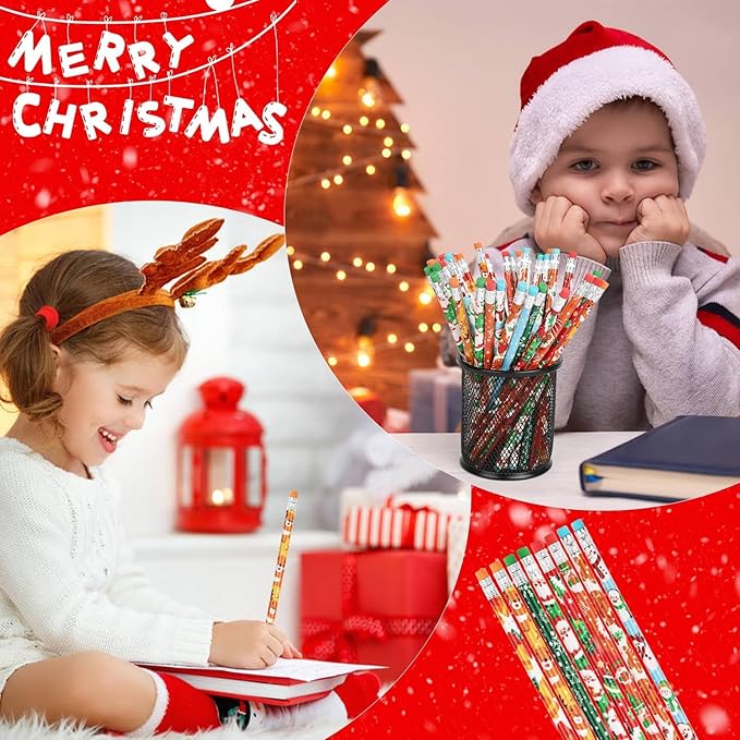 SULOLI 64 Pcs Christmas Pencils with Eraser, Xmas Themed Pencil with Santa Claus, Elk, Christmas Tree and Snowflake for Children Christmas Party Supplies(8 Styles)