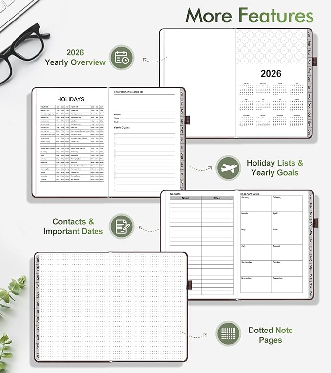 2026 Weekly & Monthly Planner, 12 Months Hardcover Planner from January 2026 - December 2026, Leather Agenda Organizer Book 2026 with Tabs, Daily Calendar Planners for Work School Home, A5 (5.75" x 8.38"), Brown