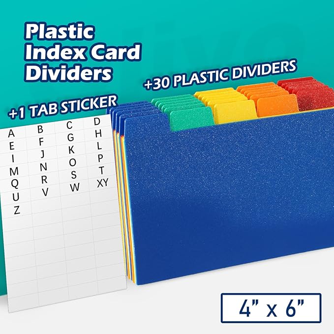 Olivo Index Card Dividers Tabs 4x6 Poly Plastic Card File Guides 4" x 6", Colored, 30 Pack