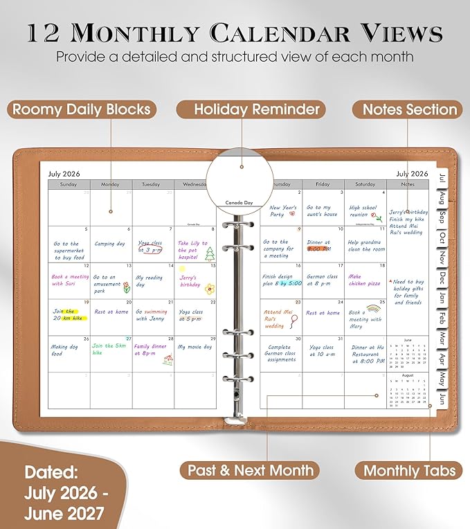 Planner 2026-2027, Academic Weekly and Monthly Calendar Planner from July 2026 - June 2027, Hardcover Leather Daily Agenda Book with Tabs, A5 College School Organizer for Student Teacher, Brown