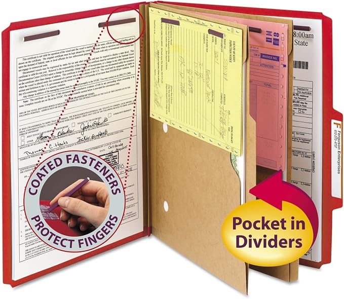 Smead Pressboard Classification File Folder with SafeSHIELD Fasteners, 2 Pocket Dividers, 2" Expansion, Letter Size, Bright Red, 10 per Box (14082)