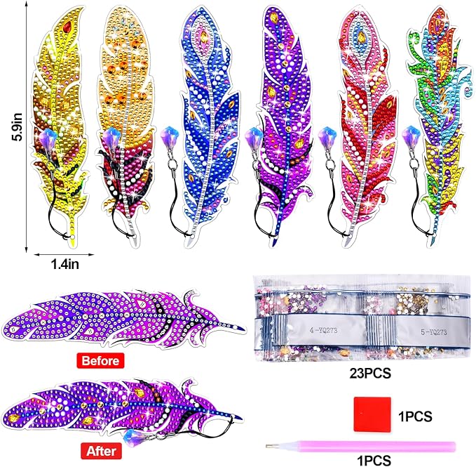 Diamond Art Bookmarks, 6 Pcs Cute Diamond Art Bookmarks for Book Lovers, DIY Feather Bookmark Diamond Art Kits for Kids