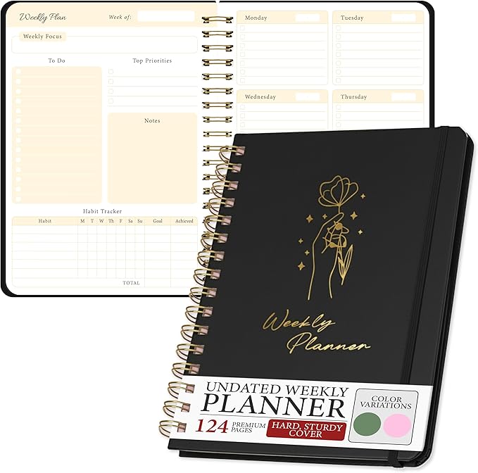 Undated Weekly Planner – Minimalist Notebook for Work, Home & Daily Writing | Simple Matte Planner for Goals, Appointments, Notes & Productivity, Elegant Cardstock Pages, Black