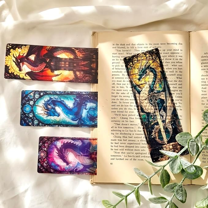 Fantasy Dragon Bookmark Gifts - 10 Pcs Cool Fourth Stained Glass Bookmarks for Men Women Book Lovers Sword Wing Page Marks Merch Bookish Birthday Graduation Gift School Reading Accessories