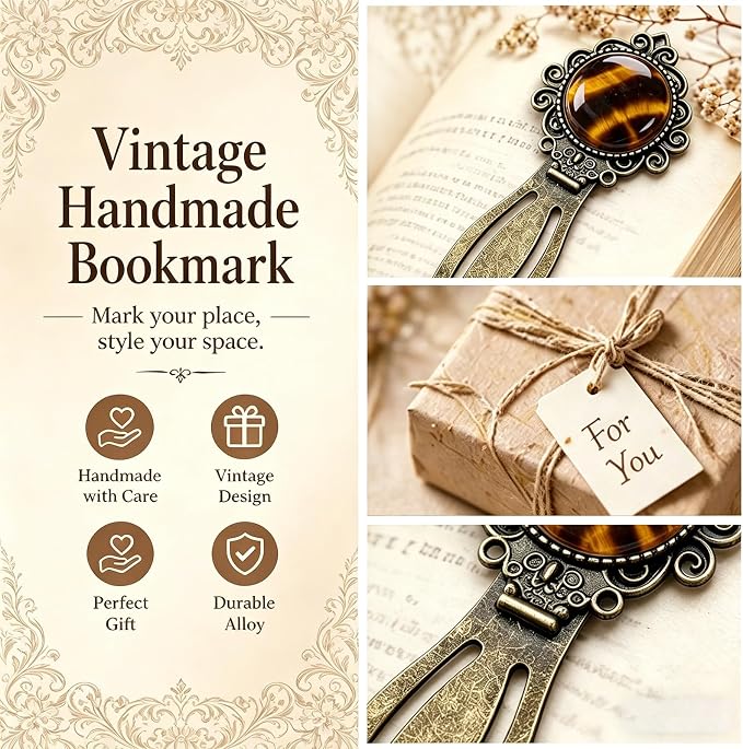 1Pcs Vintage Tiger Eye Bookmark with Natural Crystal Stone - Unique Brass Metal Bookmarks for Reading Women, Men, Book Lovers, Girls and Teachers Book Marks(Tiger Eye)