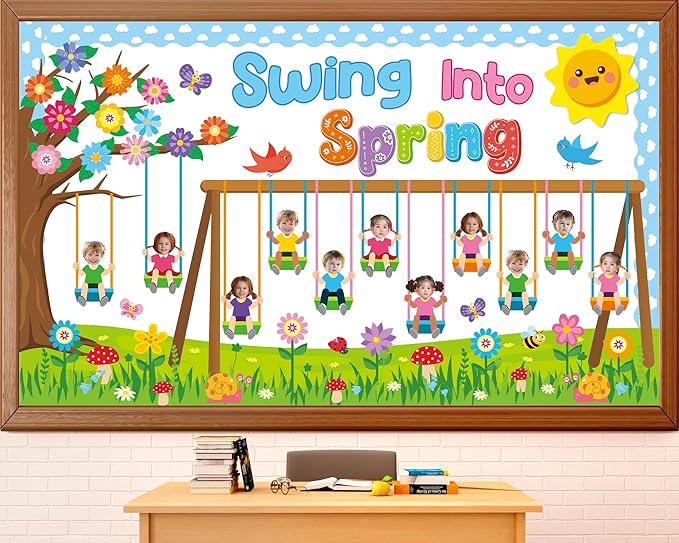 70Pcs Spring Bulletin Board Classroom Decorations Swing into Spring DIY Photo Cutouts Decoration Swing Flowers Butterflies Birds Trees Paper Cutouts for Classroom Office Chalkboard Wall Door Decor