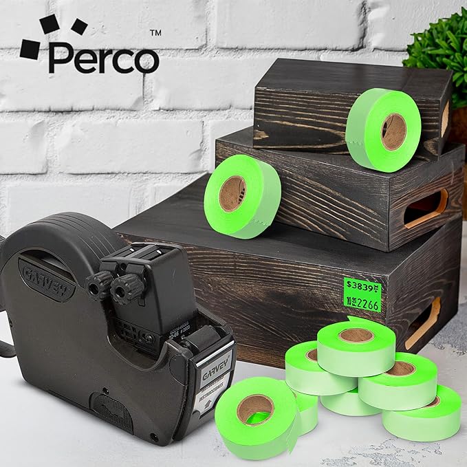 Perco Fluorescent Green Garvey 2216 Pricing Labels for Garvey 22-66/22-77/22-88 Two Line Pricing Gun - 9 Rolls, 1 Sleeve - 9,000 Pricemarking Labels and 1 Inker Included
