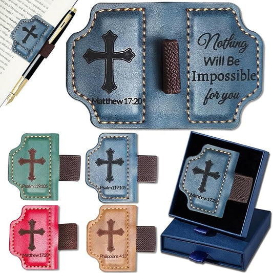 Bygone Mark Personalized Magnetic Leather Bookmark with Pen Holder,Inspirational Bible Verse Religious Bookmarks,Christian Book Lovers Reading Accessory for Men Women (Blue, Matthew 17:20)